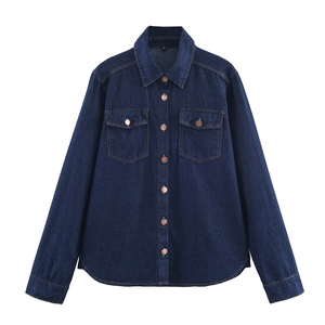 Blue Color Turn Collar <b>Button</b> Long Sleeve Breathable Quick Dry Summer High Street Flare Pants Casual <b>Jeans</b> Denim Tops Blouse - Product Image 1
