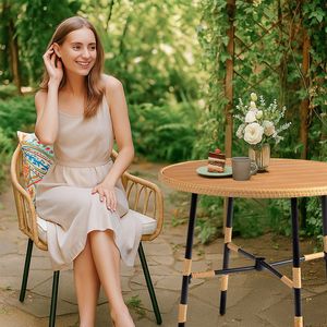 Tavolo da pranzo rotondo in rattan per esterni con foro per ombrellone, ideale per patio, giardino, balcone, parco o centro commerciale - Tavolo da picnic in PP - Product Image 4