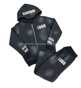 2025 Custom Men's Winter Tracksuit Set Acid Wash Zipper Puff Print Hooded Flare Sweatpants Hoodie with Solid Pattern Jogging - Product Image 1