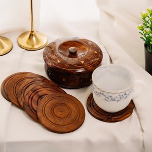 Wood <b>Coaster</b> Round Shape Simple and Classy Acacia Wooden <b>Drink</b> <b>Coasters</b> in Dark Brown - Product Image 1