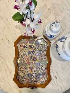 Contemporary Handmade <b>Wooden</b> <b>Serving</b> <b>Tray</b> With Hand painted Oriental Tile Pattern Bohemian Design Irregular Shape Decorative UO - Product Image 5
