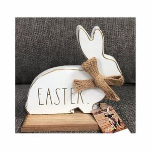 Figura Decorativa de Conejo de Pascua Hecha a Mano en Madera Blanca y Dorada con Cinta de Yute para Decoración del Hogar u Oficina - Product Image 1