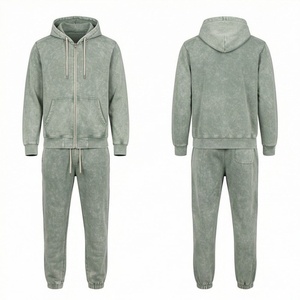 Nouveau design Survêtement évasé en coton délavé à l'acide, sweat à capuche zippé épais et pantalon empilé, ensemble de jogging pour homme, couleur personnalisable - Product Image 1