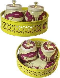 Premium Quality Metal Pichwai <b>Jar</b> with Tray Traditional Craft Elegant Storage <b>Jar</b> for Home <b>Decoration</b> and Temple Use - Product Image 3