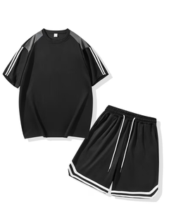 Men Solid Black Summer Breathable Crew Neck T-Shirt Set Knitted Short Sleeve Casual Shorts <b>White</b> Stripe Trim Polyester/Cotton - Product Image 1