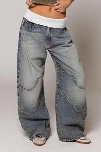 Jean en denim délavé foncé pour homme, coupe décontractée ample à jambe large, taille mi-haute, léger, style urbain original - Mode Printemps/Été/Automne/Hiver - Product Image 5