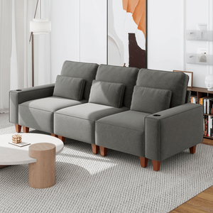 Divano Moderno e Confortevole a 3 Posti in Ciniglia con Seduta Profonda, Portabicchieri in Acciaio Inox Spazzolato e 3 Cuscini Decorativi per Soggiorno - Product Image 2