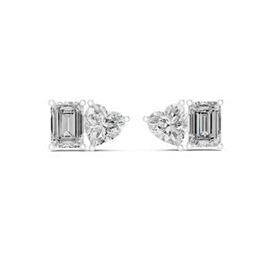 Pendientes de Oro Blanco de 14K con Corazón y Esmeralda, Diamantes Cultivados en Laboratorio para Mujer |   Regalo de Aniversario |   Diamante Cultivado Nuevo - Product Image 1