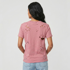 เสื้อยืดคอกลมแขนสั้นสไตล์ดิสเทรสสำหรับผู้หญิง ผ้าฝ้าย 100% เสื้อยืดแฟชั่นสตรีทสไตล์ดิสเทรสสำหรับผู้หญิง - Product Image 2