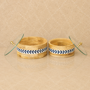 Conteneurs de rangement en bois design avec couvercles en verre, motif bleu décoratif, ensemble de bols en bois de qualité supérieure pour la cuisine avec couvercle en verre - Product Image 1