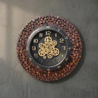 Horloge murale en bois rustique avec engrenages mécaniques et mouvement silencieux, design analogique circulaire pour la décoration de la maison