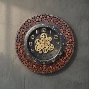 Horloge murale en bois rustique avec engrenages mécaniques et mouvement silencieux, design analogique circulaire pour la décoration de la maison - Product Image 1