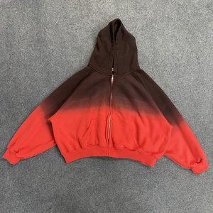 Oversized <b>Crop</b> <b>Zip</b>-<b>Up</b> <b>Hoodie</b> Unisex Dip Dye Gradient Red To Black Cotton French Terry Casual Autumn Wear Regular Sleeve - Product Image 6