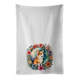 Corgi Fleurs Blanc Serviette De Cuisine Ensemble 2 Torchons 1 Décoratif Main Visage Cheveux Yoga Thé Torchon 19 \ "X 28 \" Serviette De Bain Taille" - Product Image 1