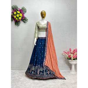 DISEÑADOR CHINON BORDADO SECUENCIA TRABAJO LEHENGA CHOLI CON DUPATTA SKY Gharara - Product Image 1