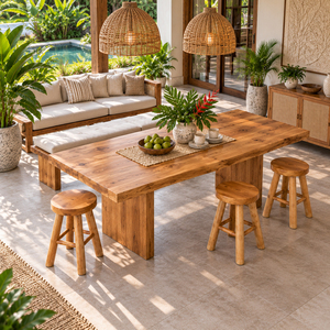 Repose-pieds rond artisanal Javana en teck massif, style rustique moderne, idéal pour cafés, restaurants, hôtels et salons - Product Image 5