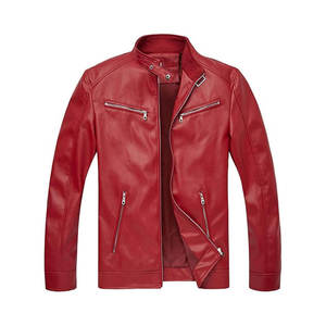 <b>Men's</b> Red Genuine Leather <b>Jacket</b> Zipper Closure Turn Down Collar Casual Autumn Style Regular Fit Vintage Classic Slim Fit - Product Image 2