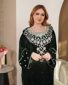 Abaya de soirée modeste Awais pour femmes adultes, en polyester et mousseline, broderie filée, longueur ras du sol, col cœur, manches longues - Product Image 3
