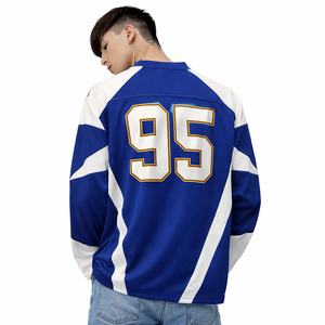 Maillot de football américain personnalisé en sublimation bleue, manches longues, 230 GSM, polyester, style USA, vêtements de sport, fabricant OEM en gros - Product Image 6