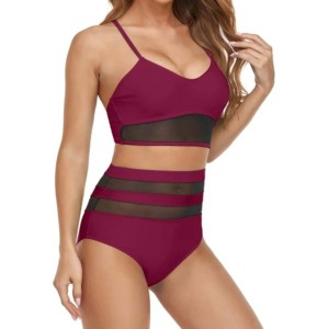 Women's 2-Piece Sporty Swim Set High Waist Shorts Spandex Nylon <b>Mesh</b> Panel Solid Color V-Neck Sleeveless Summer Wear - Product Image 3