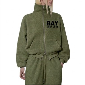 Chaqueta Corta con Cierre para Mujer, Color Verde Oliva, Sudadera de Cuello Alto, Corte Holgado, Conjunto Deportivo de Dos Piezas, Estilo Urbano - Product Image 1