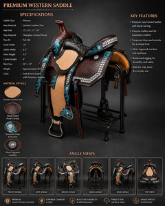 Premium Handmade Western Horse Saddle Genuine <b>Leather</b> Custom Cowboy Saddle with Turquoise Floral <b>Tooling</b> Silver Conchos - Product Image 6