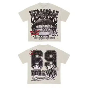 Conjunto de Camiseta y Pantalones Cortos Deportivos Vintage con Estampado de Logotipo Personalizado, Lavado Ácido, Estilo Urbano, con Pedrería y Serigrafía - Product Image 4