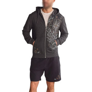 Sudadera con Capucha y Pantalones Cortos de 2 Piezas para Hombre, Diseño Único MEM, Color Gris Carbón, Alta Calidad, Estampado Gráfico Sólido Informal, Cierre de Cremallera, Mangas Largas - Product Image 1