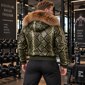 <b>Men's</b> Python Leather Zip Jacket with Luxurious Fur Hood Designer Streetwear <b>Coat</b> | Herren Lederjacke | Chaqueta Hombre Cuero - Product Image 2