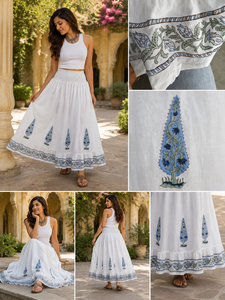 Falda de algodón orgánico para mujer, estampado de bloques, diseño escalonado, maxi, con dobladillo acampanado, cintura elástica, forro, vestido para vacaciones. - Product Image 4