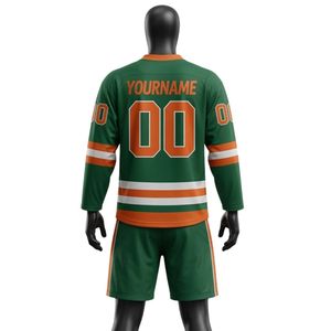 Conjunto de Camiseta y Pantalones Cortos de Hockey sobre Hielo Sublimados en Verde y Naranja para Hombre, Cuello en V, Rayas, Poliéster, Uniforme Deportivo, Ropa de Alto Rendimiento para Partidos - Product Image 2