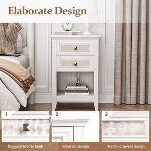 Comodino Stile Rustico con 2 Cassetti Decorati in Rattan, Tavolino da Notte Boho con Ripiano Aperto, Comodino d'Appoggio - Product Image 3