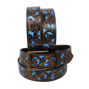 Vintage <b>Tooled</b> Cow Hide Belt with Blue Floral Design Copper Rectangular Pin Buckle Casual Style Durable <b>Leather</b> Belt - Product Image 1