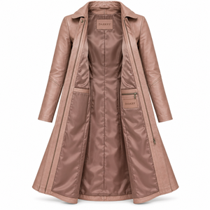 Womens Genuine Leather Long Duster <b>Coat</b> Dusty Rose Pink Tailored Slim Trench Jacket <b>Flared</b> Hem Turn Down Collar Button Outerwear - Product Image 5