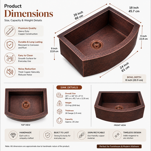 Fregadero de cocina de cobre martillado hecho a mano, estilo rústico, de un solo tazón, con delantal frontal, para empotrar, de lujo, para preparación de alimentos y lavado. - Product Image 6