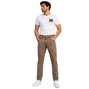 Custom Mocha Brown <b>Men</b> Slim Fit Biker Jeans <b>Stretch</b> Denim Pants Ribbed Knee Detail Casual Streetwear Fashion Trousers With Pocke - Product Image 1