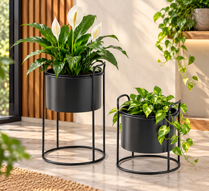 Juego de 2 Macetas de Metal Negro con Soportes Redondos de Alambre, Macetas Cilíndricas Modernas con Asas para Jardín Interior y Exterior - Product Image 1