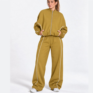 OEM <b>Women's</b> Contrastline Full Zip Tracksuit Two Piece Casual Outfit Relaxed <b>Jacket</b> And Wide Leg Pants Matching Apparel Set - Product Image 1