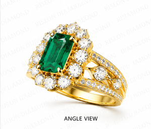 Magnificent <b>statement</b> <b>ring</b> in 18K yellow gold with emerald cut green center stone halo of round diamonds and intricate shank det - Product Image 4