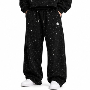 Conjuntos Urbanos Y2K de Sudadera con Capucha Oversize de Forro Polar Negro con Pedrería y Hombros Caídos, y Joggers de Pierna Ancha, Personalizables, de Gran Demanda - Product Image 5
