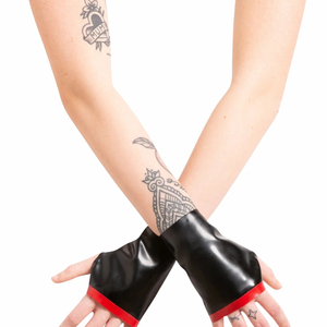Black PU Wrist-Length <b>Gloves</b> <b>With</b> Red Trim Punk Style Unlined For Casual Wear - Product Image 2