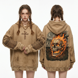 Sudadera con capucha marrón de textura de henné para mujer, con estampado gráfico de calavera en llamas, efecto desgastado y bordado de cruz único - Product Image 1