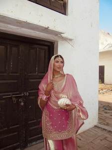 SIE Present Bollywood <b>Inspired</b> Hand Crafted Pure Silk Fabric Semi Stitch Material Salwar Kameez With Dupatta Set For Eid Month - Product Image 3