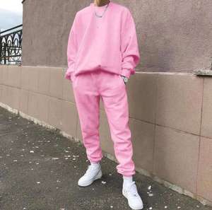 Survêtement unisexe en coton rose, couleur unie, col rond, manches longues, coupe ample, décontracté, pour l'automne, avec poches latérales, taille élastique - Product Image 6