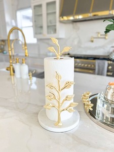 Gold Metal Paper <b>Towel</b> <b>Holder</b> Freestanding with Leaf Design Marble Base Countertop <b>Kitchen</b> Tissue Roll Stand - Product Image 1