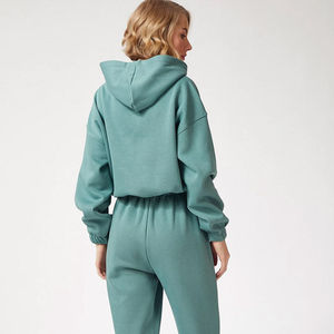 Conjunto Deportivo con Capucha Color Verde Azulado para Mujer, Sudadera Larga y Pantalones Deportivos, Color Sólido, Corte Holgado Informal, 100% Algodón, Ropa de Otoño - Product Image 2
