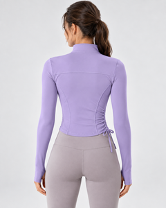 Top Deportivo de Manga Larga con Cuello Alto y Cremallera para Mujer, Color Morado, Ajuste Delgado, Tejido de Punto, Spandex, Poliéster, Secado Rápido, Ropa Deportiva - Product Image 3