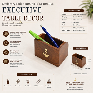 Organisateur de bureau léger et écologique en bois de rose indien fait main, porte-stylos |   Décoration de table de direction en laiton incrusté pour bureau - Product Image 5