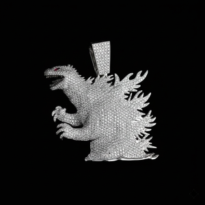 Colgante Personalizado Rey de Monstruos Kaiju con Incrustaciones de Diamantes, Hecho a Mano en Oro Blanco 925 con Detalles de Micro Pavé y Adornos Elaborados - Product Image 1