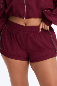 Wholesale Women’s Burgundy Two Piece Windbreaker Set with Full <b>Zip</b> Athletic Jacket and Matching High Waist <b>Shorts</b> Reflective Set - Product Image 3